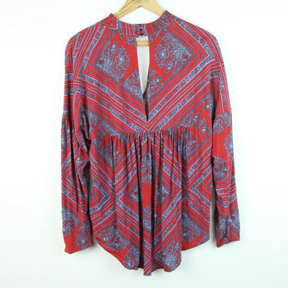 Free People Medium Tunic Top Red Blue Boho Hippy High Neck walking on a Dream - Picture 9 of 11